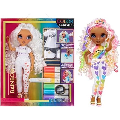 Rainbow High Color & Create Fashion DIY Doll with Washable Rainbow Markers, Purple Eyes, Curly Hair, Bonus Top & Shoes. Color, Create, Play, Rinse and Repeat. Creative 4-12+