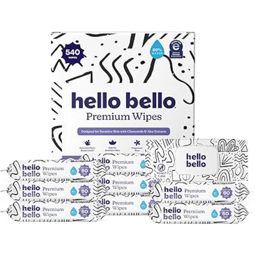 Hello Bello Premium Wipes, Designed for Sensitive Skin with Chamomile & Aloe Extracts, Playful Sketches (9 Resealable Packets = 540 Total Wipes)