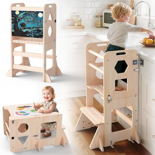 4-in-1 Toddler Standing Tower Anti-Tip, Toddler Kitchen Step Stool with Blackboard, Foldable Wooden Kitchen Stool Helper for Kids, 1-3 Year Old Boy Girl Gifts
