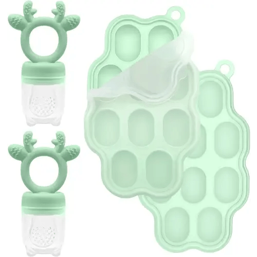 2 Sets Silicone Breastmilk Popsicle Molds with Baby Food Feeder, BPA Free Fruit Feeder Pacifier with Frozen Ice Tray for Baby Feeding Safely, Infant Fruit Teething Toy for Baby Boy Girl Gifts (Green)
