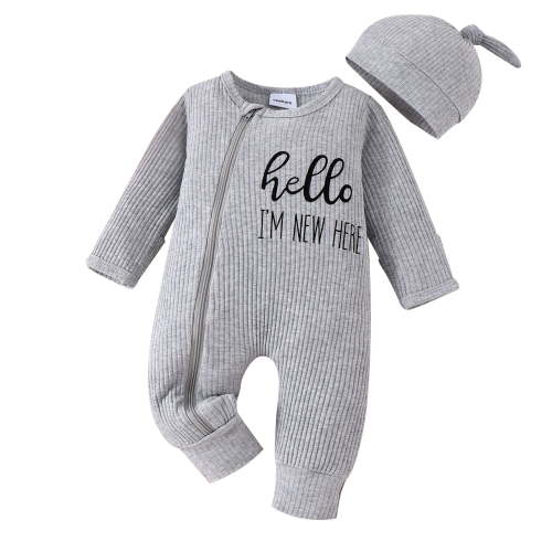 Bellafa Baby Boy Girl Long Sleeve Ribbed Romper with Mittens Cuffts Newnorn Boy Zipper Footie Jumpsuit + Hat 2PCS Fall Winter Clothes