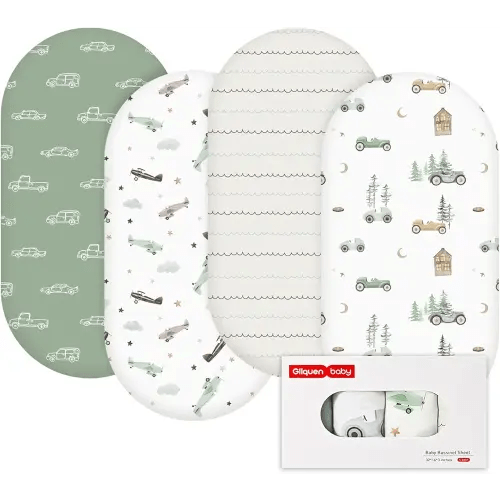 Gllquen Baby Bassinet Sheets 4 Pack, Breathable Cozy Fitted Mattress Sheet, Elastic Travel Crib Fashionable Pattern, Standard Cradle Safe Sheets for Baby Boys Girls 32"x16" (Car)