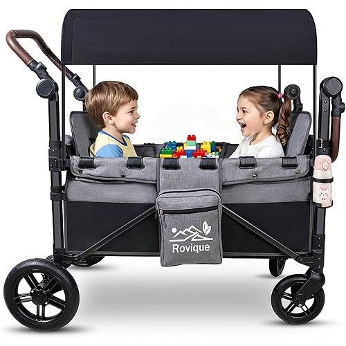 Wagon Stroller for 2 Kids, All-Terrain Foldable Stroller Wagon with Extender, Lighter Aluminum Kids Wagon with Detachable Canopy, Convertible Seats, Adjustable Handle, Cup Holder, Removable Snack Tray
