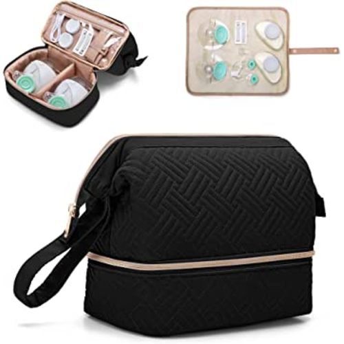 Fasrom Wearable Breast Pump Bag Compatible with Willow, Elvie Pumps and Medela Pump in Style, Double Layer Carrying Case with Waterproof Mat and Insulated Pockets, Black (Bag Only, Patent Design)