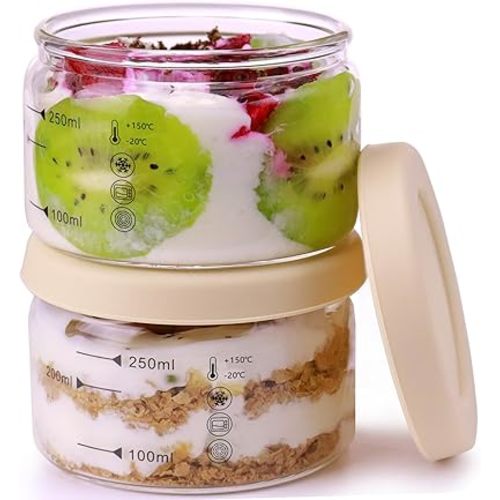9 oz Round Pudding Glass Cups,Mini Glass Dessert Cups with Lid,Overnight Oats Meal Container with Silicone Seal Cover, Light Glasses Bowls, Dishwasher Microwave Safe (2 PCS)