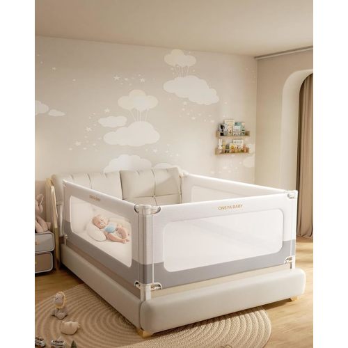 3 Piece Bed Rails for King Size Bed, No-Drill Needed Baby Bed Rail Guard for Toddlers with Height Adjustable, Thickened Child Safety Side Railing Guards/Bedrail for Kids, White/Grey, 74.8x78.7x78.7in