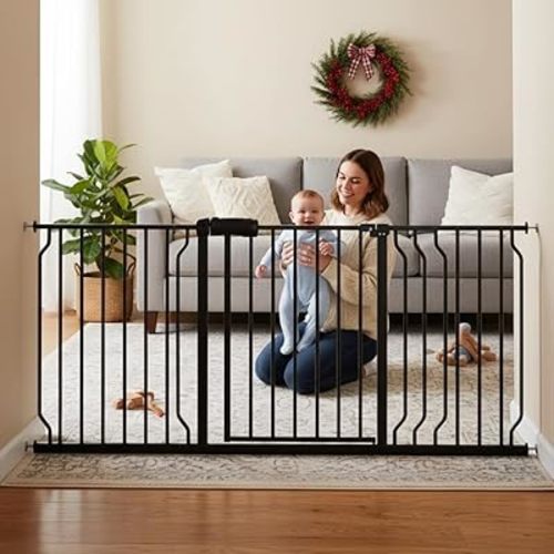 Extra Wide Baby Gates for Doorways 52.76"-62.20" Extra Wide Baby Gate Dog gate Pressure Mounted No Drilling with Walk-Through, Auto-Close & Dual-Direction Swing for Large Wide Opening Black