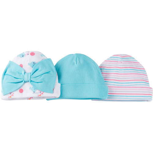 Gerber Newborn Baby Girl Assorted Printed Caps, 3-Pack