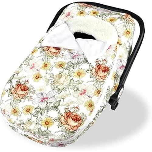 Winter Car Seat Cover for Babies Girl Boy, Super Warm Plush Fleece Infant Carseat Cover for Stroller Car Seat, Double Sides Zipper Winter Car Seat Canopy for Newborn, Yellow Vintage Floral