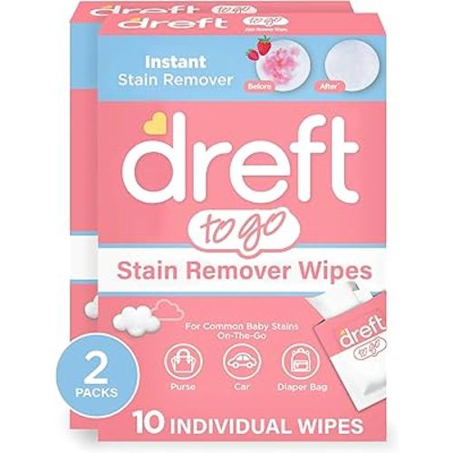 Dreft Stain Remover Wipes for Baby Clothes – Travel Size Stain Remover, Individually Wrapped for On-the-Go Use – Mild on Skin & Safe for Baby Clothes – 20 Count