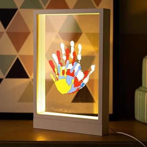 CHERRY CHEERS Family Handprint Kit with Light, Handprint Keepsake Frame, Wooden Led Light, Easy Install, No Need Screw etc, Non-Toxic Paints (White)