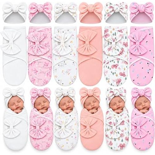 Ramede 6 Pack Baby Swaddle Blankets with Hats,Rosette,Pink