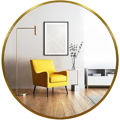 Gold Round Mirror, Golden Round Mirror 24 inch, Circle Wall Mirrors Metal Frame, Brass Circular Mirrors for Bathroom, Wall, Living Room, Entryway, Hallway, Vanity, Rustic