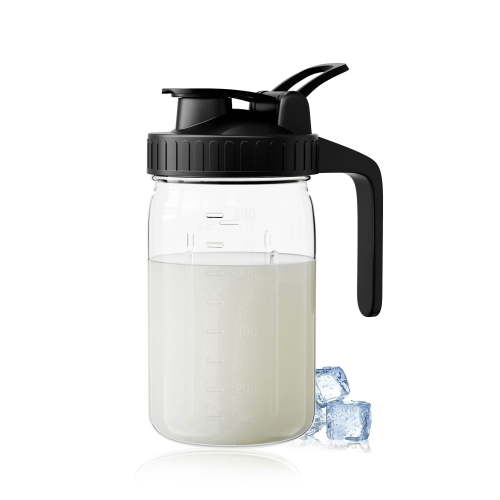 GOSCHE Breast Milk Pitcher Wide Mouth Glass Mason Jar Pitcher Leak Proof Milk Pitcher with Lid and Pour Spout Black 32oz