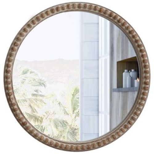 COZAYH Distressed Wood Frame Round Accent Mirror, Rustic Farmhouse Decorative Wall Mirror with Beaded Detail for Living Room or Bedroom, 30 Inch