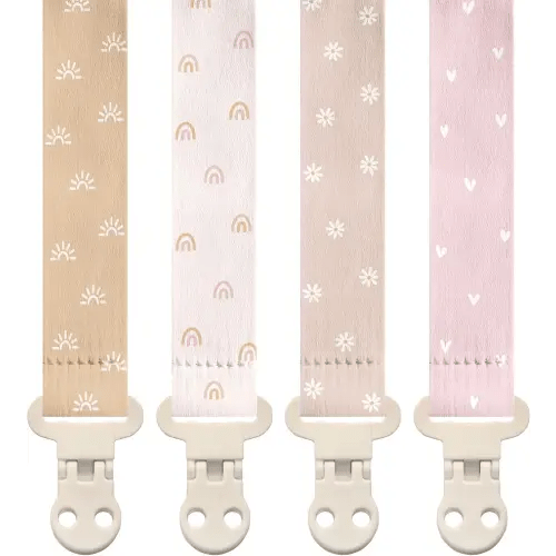 Stadela Baby Pacifier Clip Holder - Girl 4 Pack Gift Set - Boho Rainbow Suns Hearts Daisies Design (Belle)