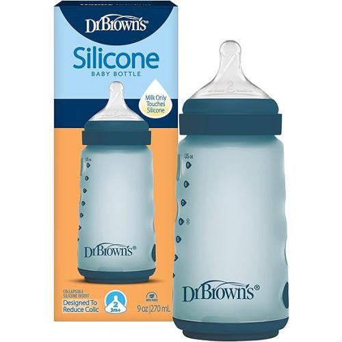 Dr. Brown's Silicone Baby Bottle with Collapsible Insert Designed to Reduce Colic, 9 oz with Wide-Neck Level 2 Medium Flow Nipple, BPA-Free, 3m+, Blue, 1-Pack