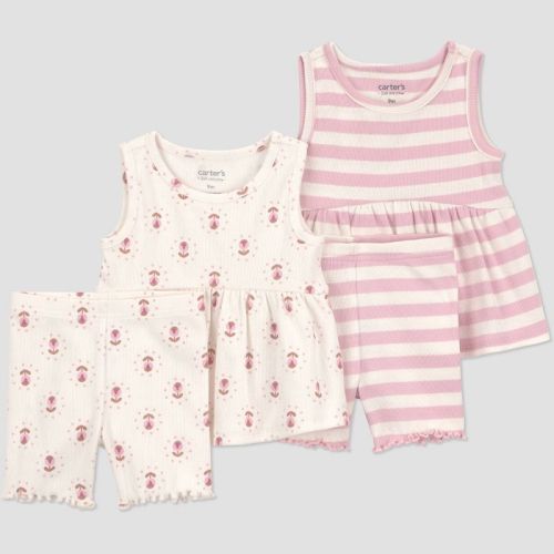 Carter's Just One You® Baby Girls' 4pc Striped Peplum Tank Top and Capri Pants Set - Pink/Ivory Newborn
