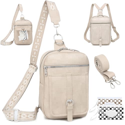 Sling Bag Crossbody Backpack - 2 in 1 Leather Cross Body Bag Fanny Pack with 2 Removable Straps
