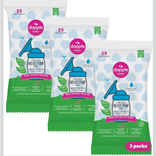 Dapple Baby Breast Pump Wipes - 75 Count (Pack of 3), Fragrance Free, Plant Based & Hypoallergenic - Removes Milk Residue, Leaves No Taste - Convenient Wipes Pouch
