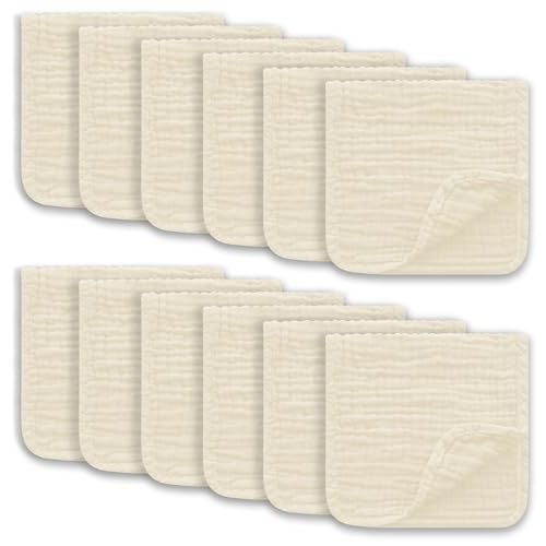 Ease Cubs Muslin Burp Cloths Large 100% Cotton Hand Washcloths for Boys & Girls, Baby Essentials Extra Absorbent and Soft Burping Rags for Newborn Registry (Ivory, 12-Pack, 20" X10")