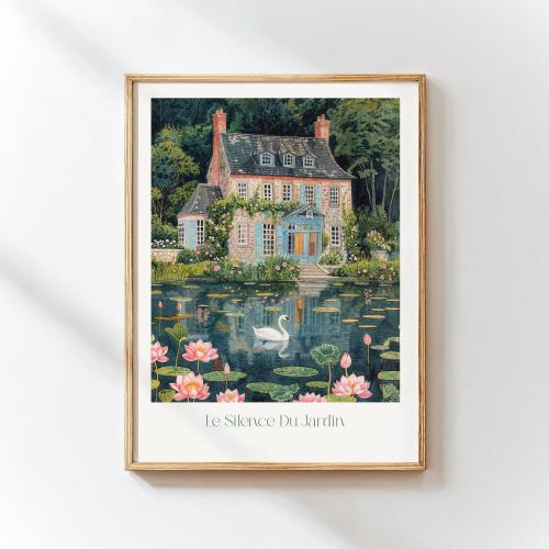 French Garden Art Print – Swan Pond Cottage Painting, Romantic Landscape Wall Art, Vintage Botanical Nature Decor