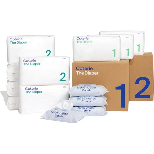 Coterie Baby Wipes + Diapers Kit, Size 1 (99 Count) & Size 2 Diapers (186 Count), 4 Pack (224) Baby Wipes with 99% Water, Plant Based Materials, Hypoallergenic for Sensitive Skin