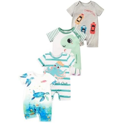 MOSSRIVER Baby Girl Outfits 4 Pack Short Sleeve Footless Romper Snap Crotch Closure Graphic Bodysuit Toddler Boys Clothes