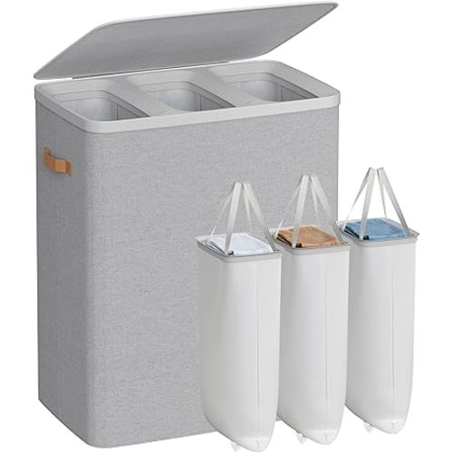 SONGMICS Laundry Basket, 50.2 Gal. Laundry Hamper, 3 Compartments, Easy Assembly, with Lid and Handles, Removable Liners, 25.2 x 15.7 x 29.5 Inches, Dove Gray ULCB814GD01