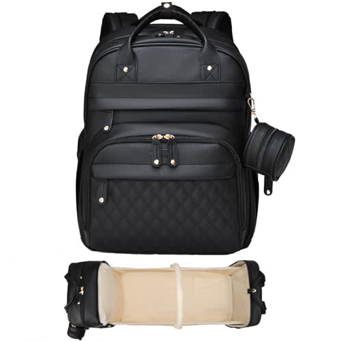 Leather Diaper Bags with Changing Station，Baby Bag，Large Capacity Diaper Bag Backpack for Moms Dads,Waterproof Diaper Backpack（Black）