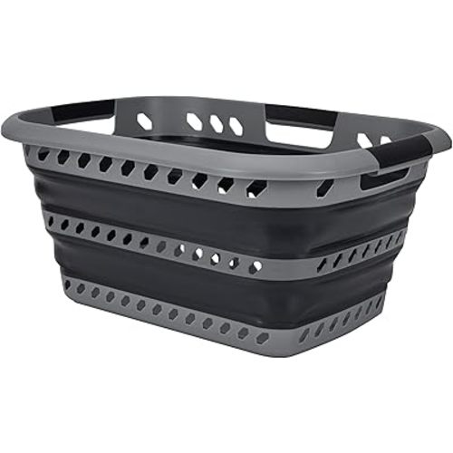 Collapsible Laundry Basket | Portable | Space Saver Storage | Hold 2 Loads | Store Under the Bed or Closet | Good for Kids | Dorm | Bedroom | Large | Grey/Black