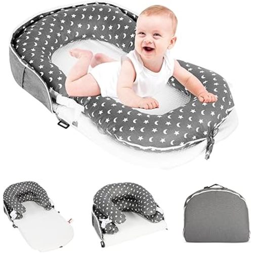 Portable Baby Lounger & Tummy Time with Zip-Up Carry Bag, Infant Support Cushion for Newborns to Toddlers (Starsmoon)