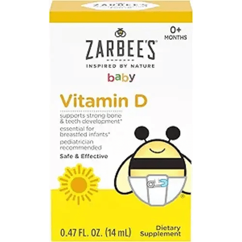 Zarbee's Vitamin D Drops for Infants, 400IU (10mcg) Baby & Toddler Liquid Supplement, Newborn & Up, Dropper Syringe Included, 0.47 Fl Oz