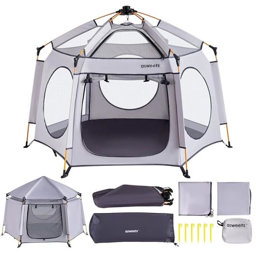 4 in 1 Pop Up Playpen Indoor and Outdoor Portable, Lightweight Baby Playpen with Travel Bag,Baby Beach Tent and Play Toddler Play Yard Canopy(Light Grey)