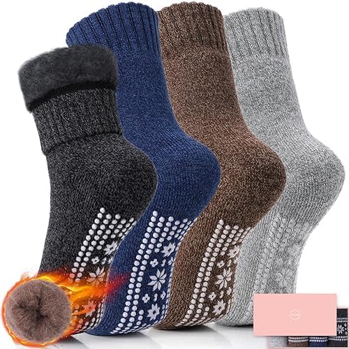 HUGSWEET Thermal Slipper Socks, Anti Slip Hospital Socks Women Winter Soft Warm Cozy Fluffy Plush Grip Socks 4 Pairs