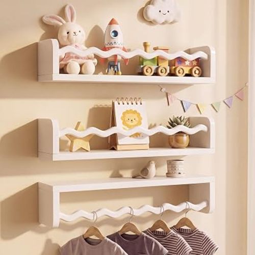 Set of 3 Nursery Floating Book Shelves Scalloped Wooden Wall Shelf, White