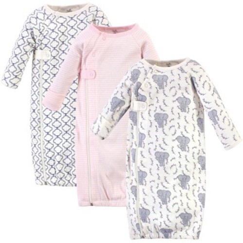 Touched by Nature Baby Girl Organic Cotton Zipper Long-Sleeve Gowns 3pk, Girl Elephant, 0-6 Months