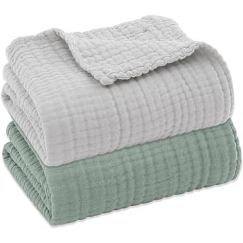 Aablexema Muslin Baby Blanket Set of 2, Grey & Green