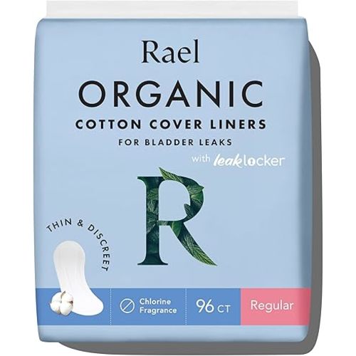 Rael Incontinence Liners for Women, Organic Cotton Cover, Postpartum Essential, Moderate Absorbency, Bladder Control, 4-Layer Core with Leak Guard Technology (Regular, 96 Count)