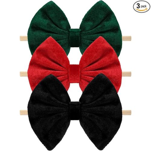Velvet Baby Girls Headbands, Black Newborns Bows Elastic Nylon Hairbands for Infants Toddlers Hair Accessories,Pack of 3 (Black+Red+Green)