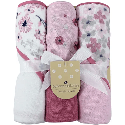 Cudlie Buttons & Stitches Baby Girl 3 Pack Rolled/Carded Hooded Towels in Crisp Blossom Print (GS71728)