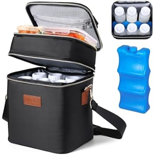 PIIOSER Breastmilk Cooler Bag with Ice Pack Fits 6 Baby Bottles Up to 9 Ounce, Insulated Baby Bottle Tote Bags, Double Layer Waterproof Leak-Proof with Shoulder Strap for Nursing &Working Mom
