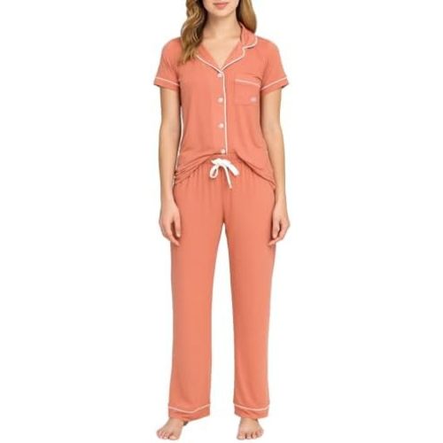 BORN Womens Button Down Pajama Set, Short Sleeve PJ Set with Pants | Soft & Breathable