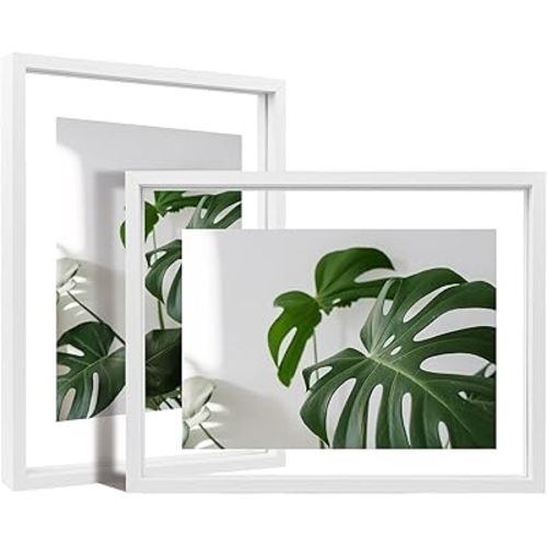 Egofine 9x12 Floating Frames Set of 2, Double Plexiglass Picture Frame, Made of Solid Wood Display Any Size Photo up to 9x12, Wall Mount or Tabletop Standing, White