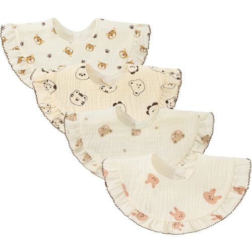 Nishine 4 pcs Unisex Baby Muslin Bandana Drool Bibs 360 Degree Rotatable Cotton Teething Feeding Drooling Bibs for Boy Girl (white set)