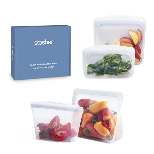 Stasher Premium Silicone Reusable Food Storage Bags 4-Pack Boxed Starter Kit, Clear, Microwave, Sous Vide, Dishwasher, Oven & Freezer Safe, Multi-Use Containers, BPA Free, Leak-free, Eco-friendly