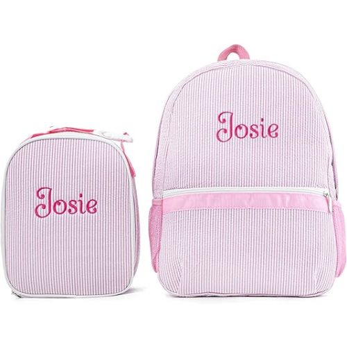 MT WORLD Daycare Backpacks with Lunch Bag Set,Personalized Seersucker Backpacks and Lunchboxes with Embroidered Name,Travel Daypack Lunchbags