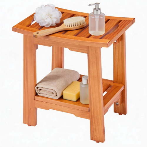 Gianna 14" Teak Shower Bench, Bathroom Spa Stool for Small Bathrooms Tub Outdoor Use, Non-Slip Adjustable Seat for Seniors