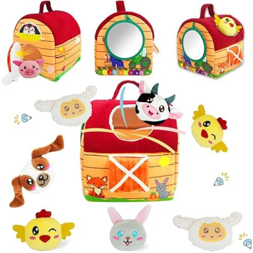 RedCrab Baby Toys 6-12 Months, Barn with Stuffed Farm Animals, Mirror, Montessori Toys for 6 Month Old, Sensory Toy for Toddlers 1-3, Gift for Infants & Toddlers
