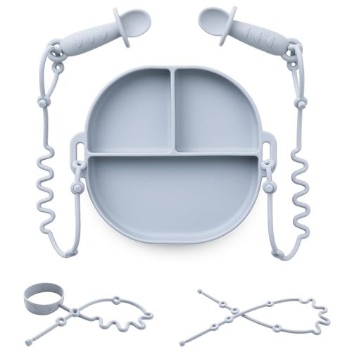 Andy Bear Silicone Plates for Babies with Suction Divided Baby Spoons Silicone Baby Toy Straps All-in-one Plates Silicone Placemat for Babies Toddlers Attachable Tethers & Built-in Suction Cups-Blue